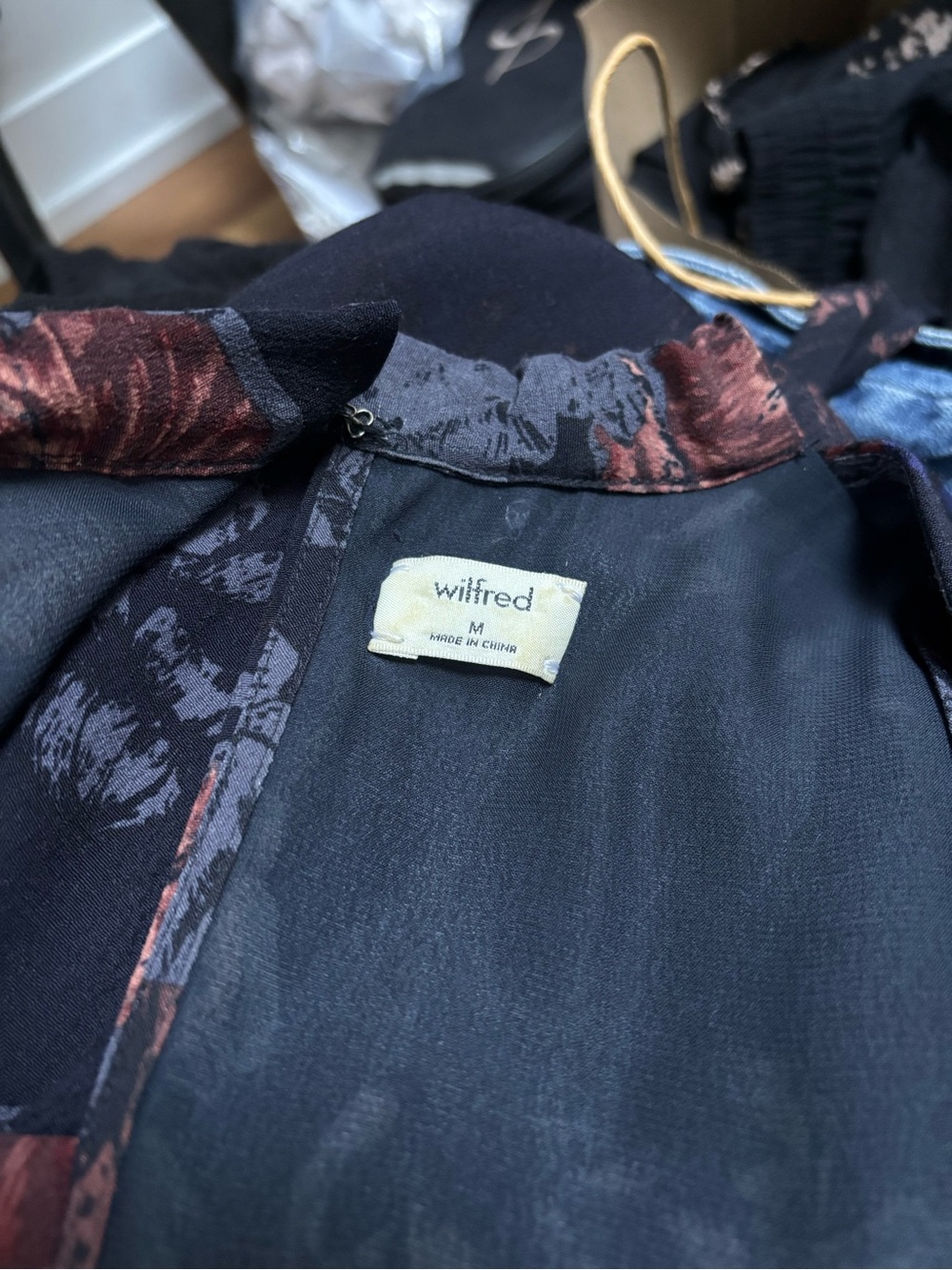 Aritzia Wilfred Black Dress with Navy and Rust Floral Accents - Picture 3 of 6